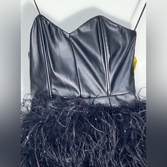 Akira Strapless Leather Like Feather Skirt Black Mini Dress NWT Size Small - Picture 3 of 11